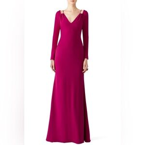 Badgley Mischka Fuchsia Long-Sleeve V-Neck Evening Gown 10